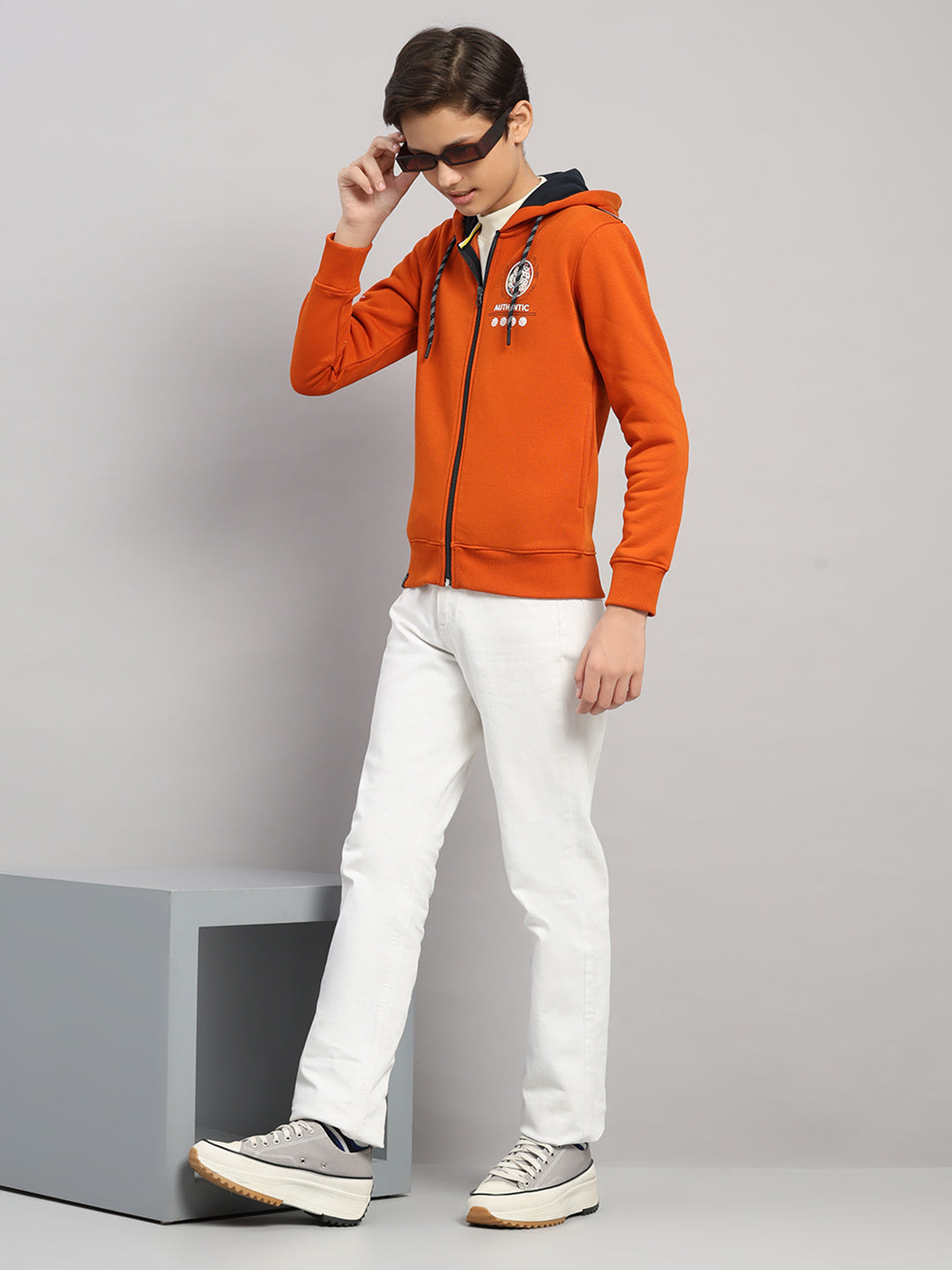 Boys Orange Printed Hooded Full Sleeve Sweatshirt