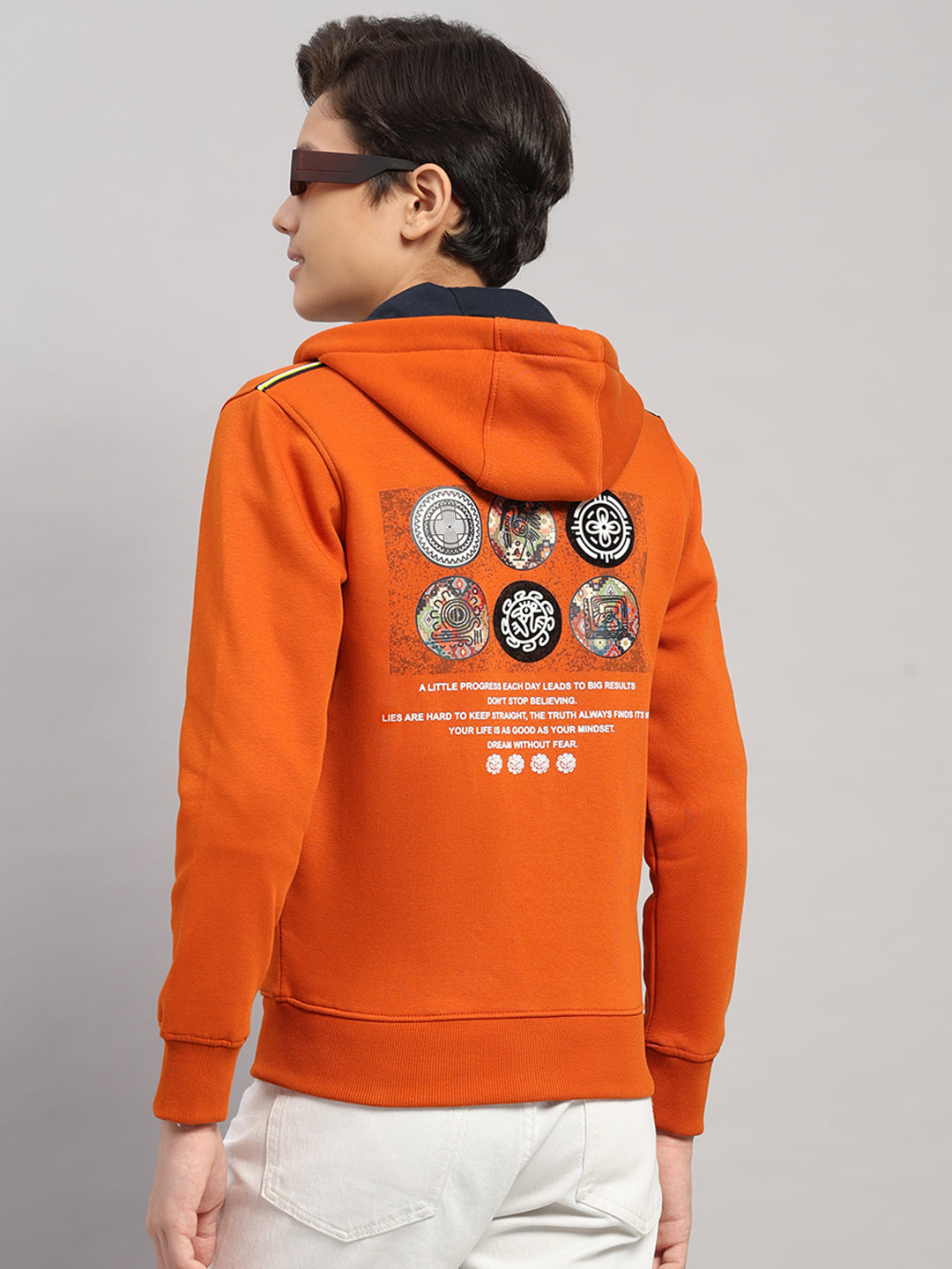 Boys Orange Printed Hooded Full Sleeve Sweatshirt