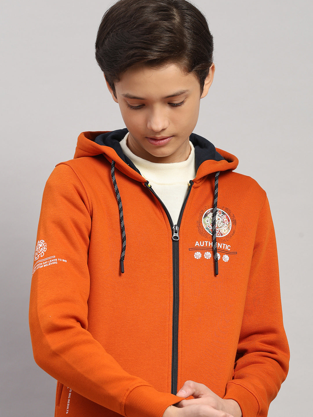 Boys Orange Printed Hooded Full Sleeve Sweatshirt