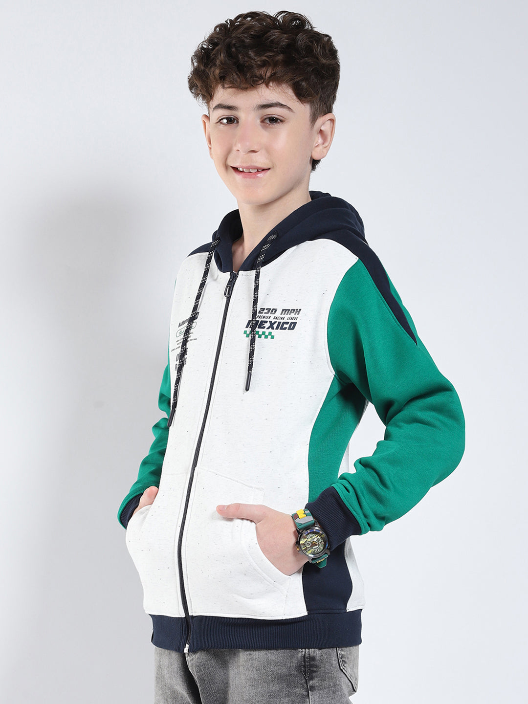 Boys Green Printed Hooded Full Sleeve Sweatshirt