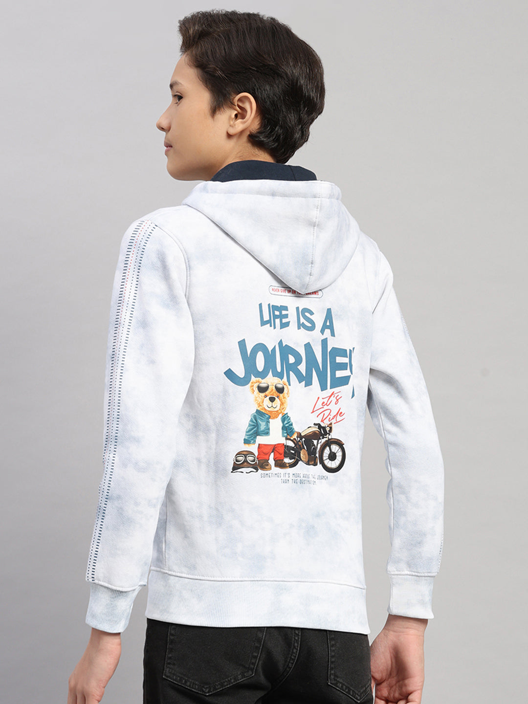 Boys Blue Printed Hooded Full Sleeve Sweatshirt