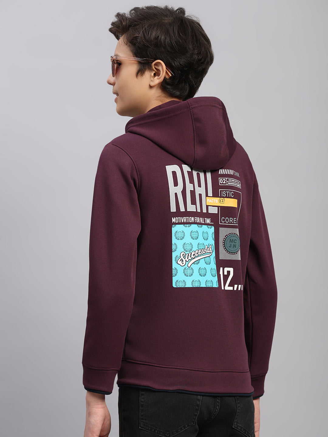 Boys Burgundy Printed Hooded Full Sleeve Sweatshirt