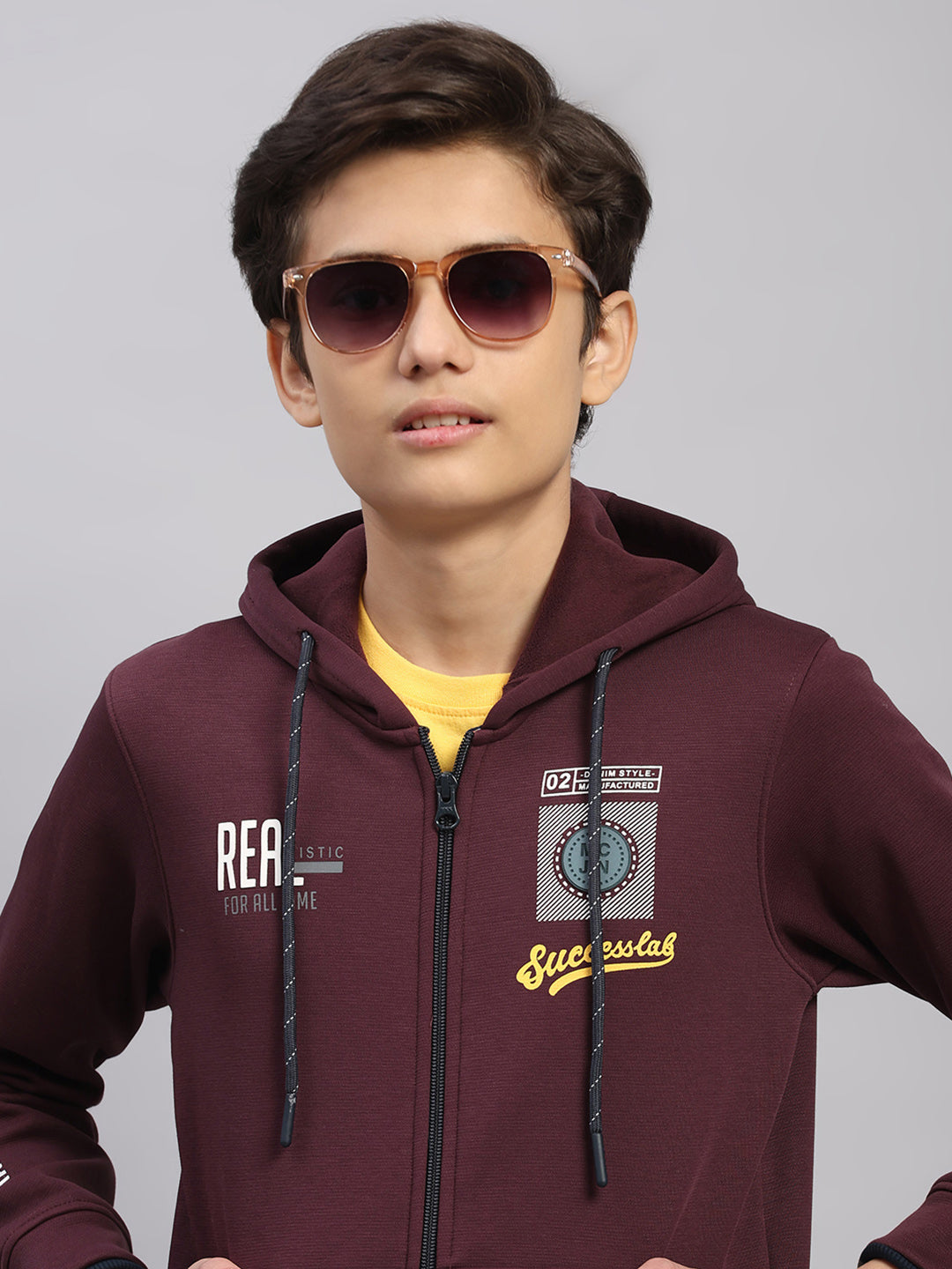 Boys Burgundy Printed Hooded Full Sleeve Sweatshirt