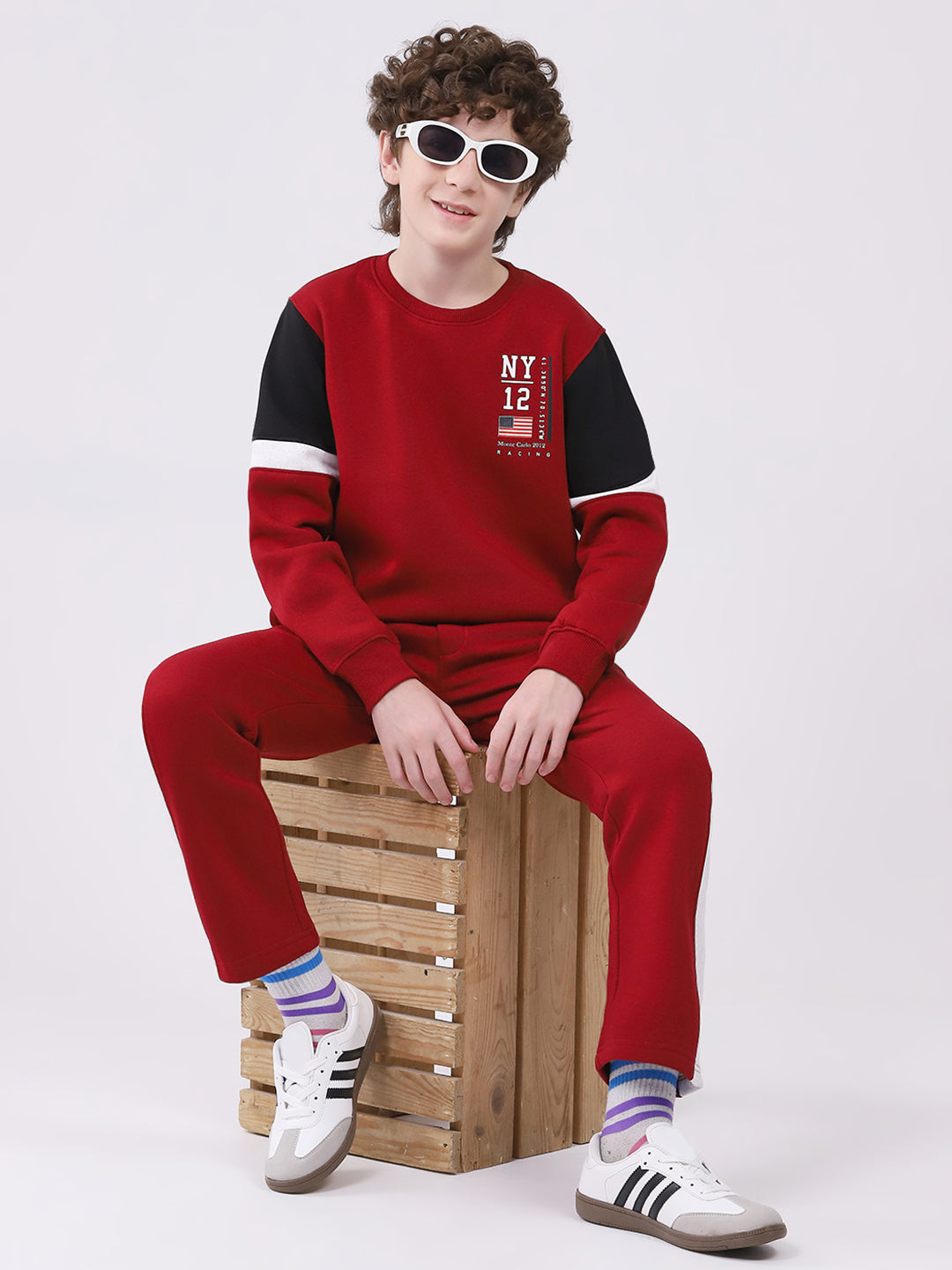 Boys Maroon Printed Round Neck Full Sleeve Winter Tracksuit