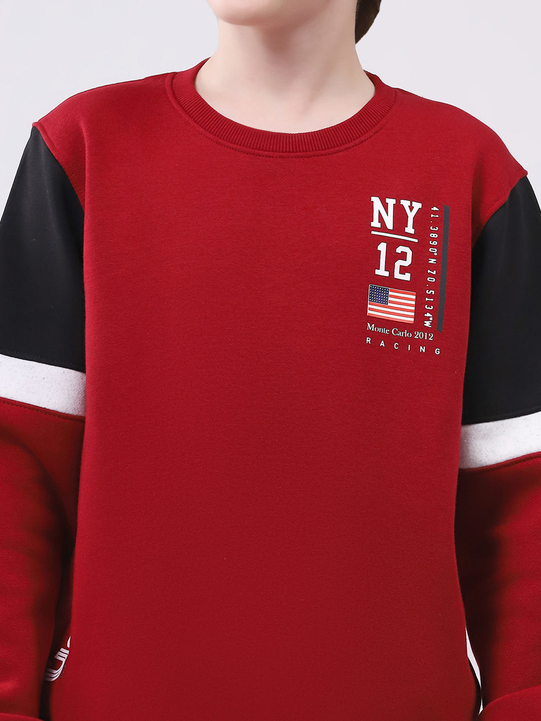 Boys Maroon Printed Round Neck Full Sleeve Winter Tracksuit