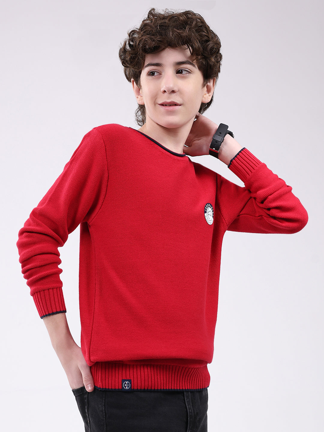 Boys Red Solid Round Neck Full Sleeve Pullover