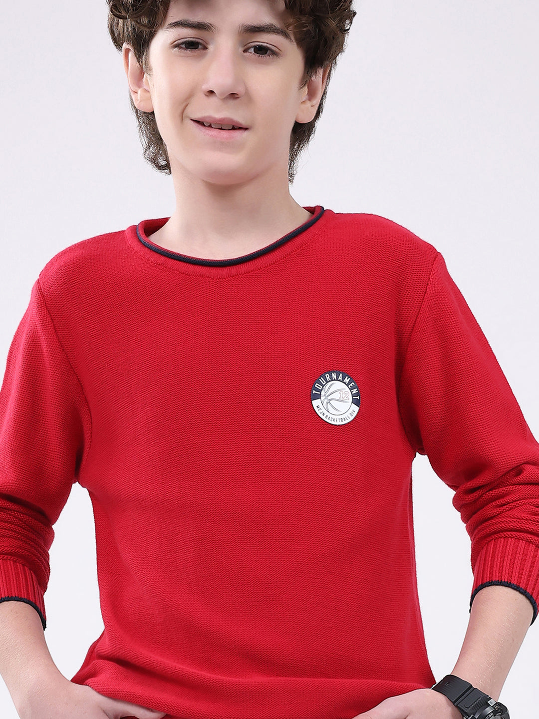 Boys Red Solid Round Neck Full Sleeve Pullover