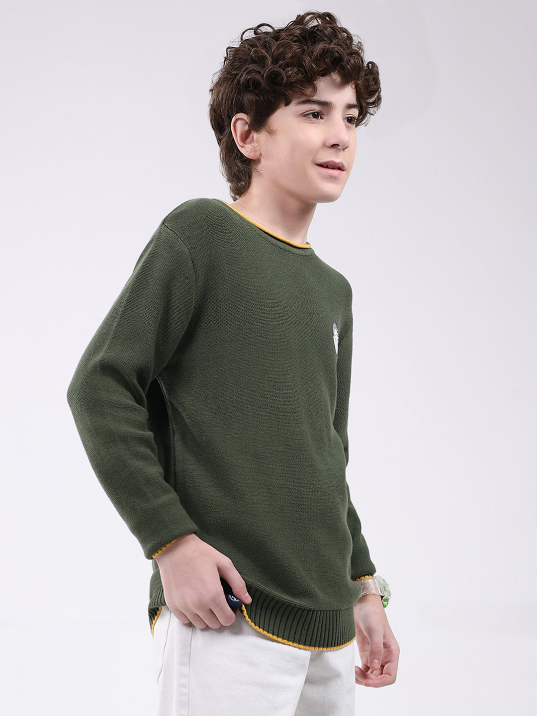 Boys Olive Solid Round Neck Full Sleeve Pullover