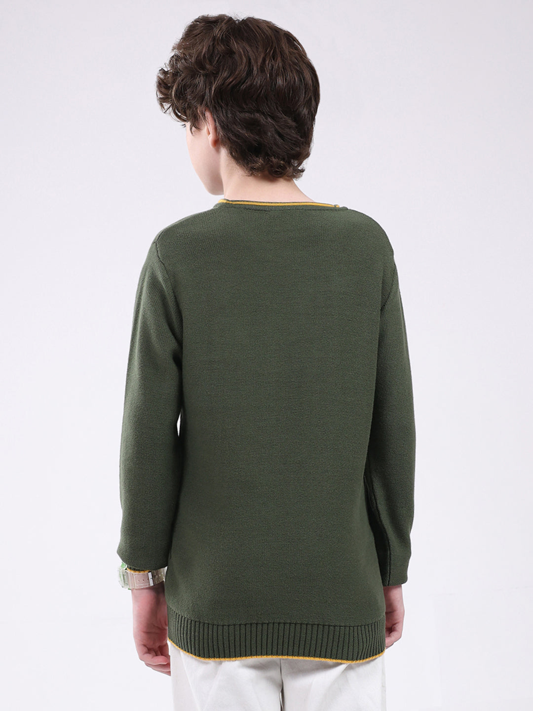 Boys Olive Solid Round Neck Full Sleeve Pullover