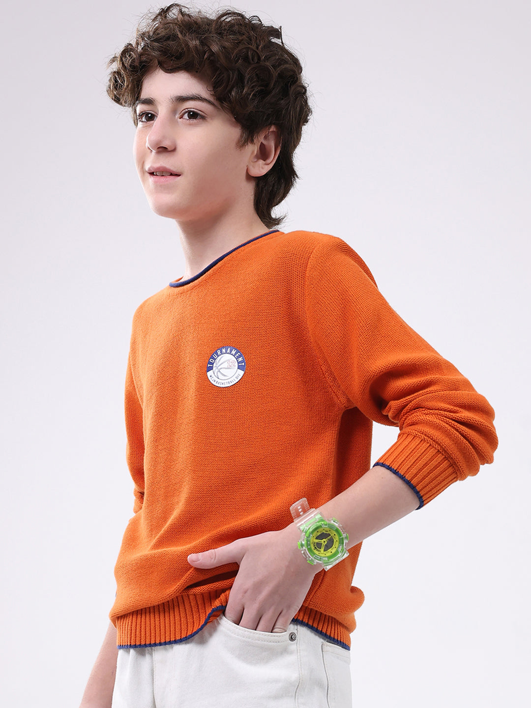 Boys Orange Solid Round Neck Full Sleeve Pullover