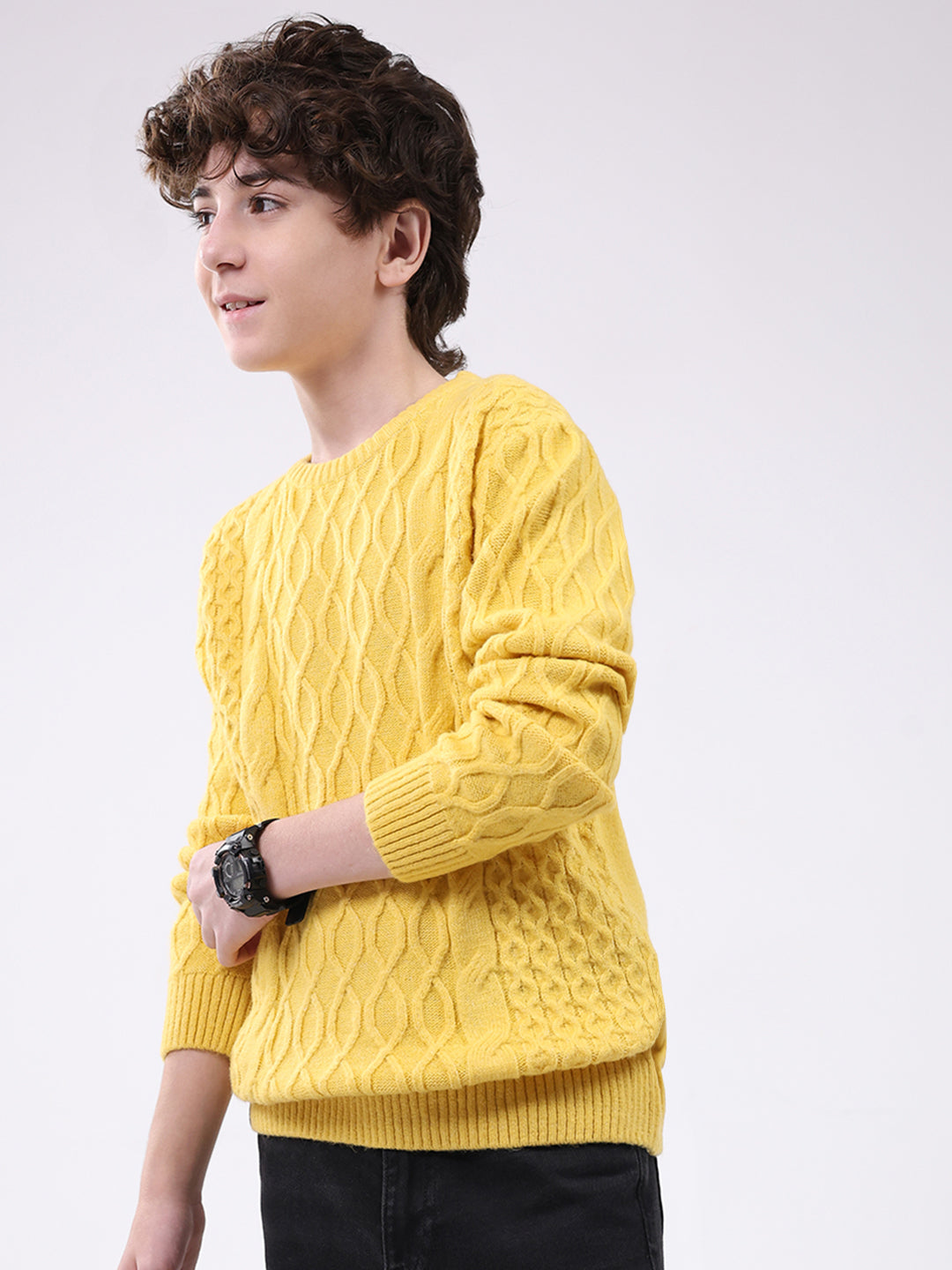 Boys Yellow Self Design Round Neck Full Sleeve Pullover