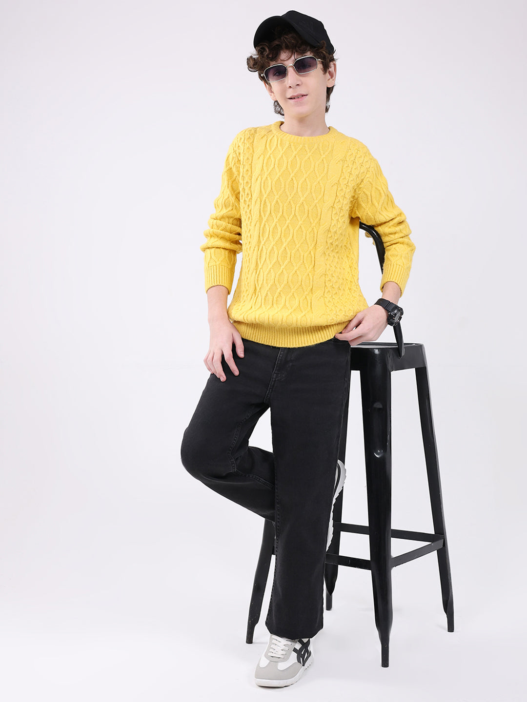 Boys Yellow Self Design Round Neck Full Sleeve Pullover