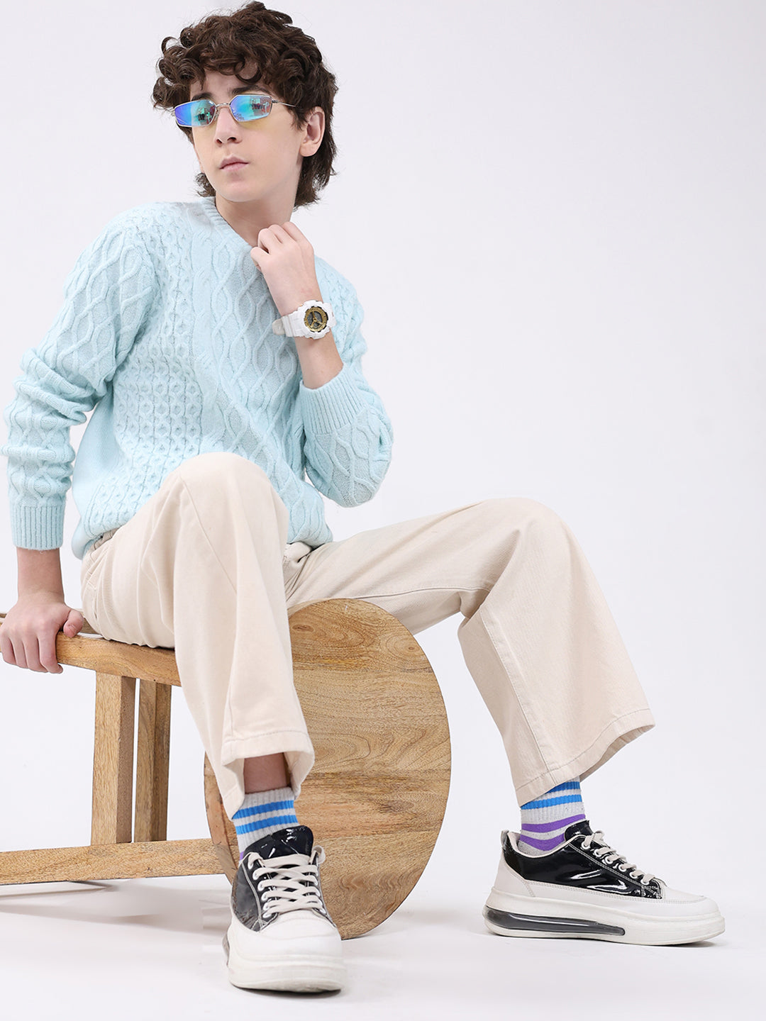 Boys Blue Self Design Round Neck Full Sleeve Pullover