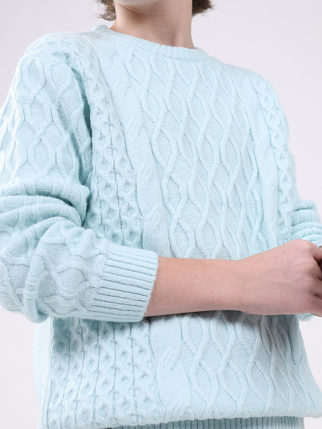 Boys Blue Self Design Round Neck Full Sleeve Pullover