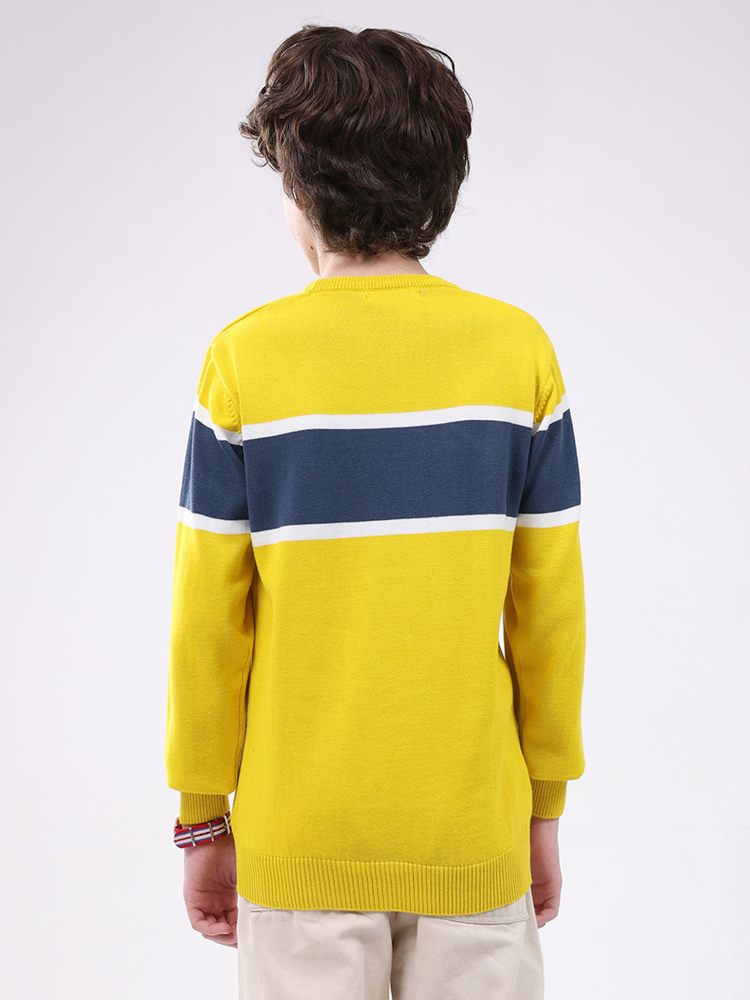 Boys Yellow Printed Round Neck Full Sleeve Pullover