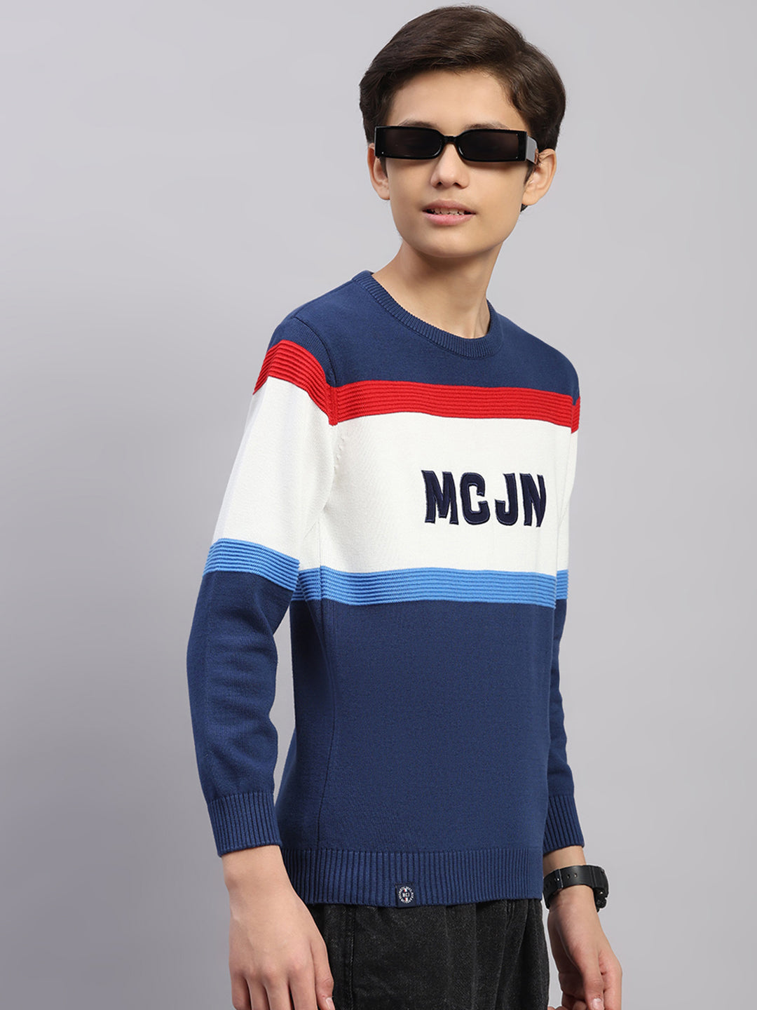 Boys Navy Blue Stripe Round Neck Full Sleeve Pullover