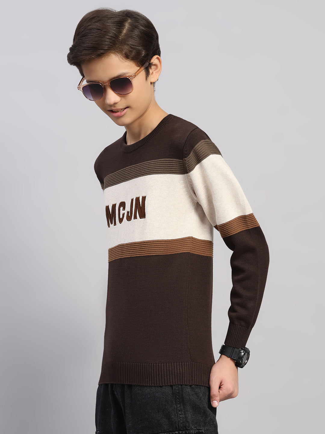 Boys Brown Stripe Round Neck Full Sleeve Pullover