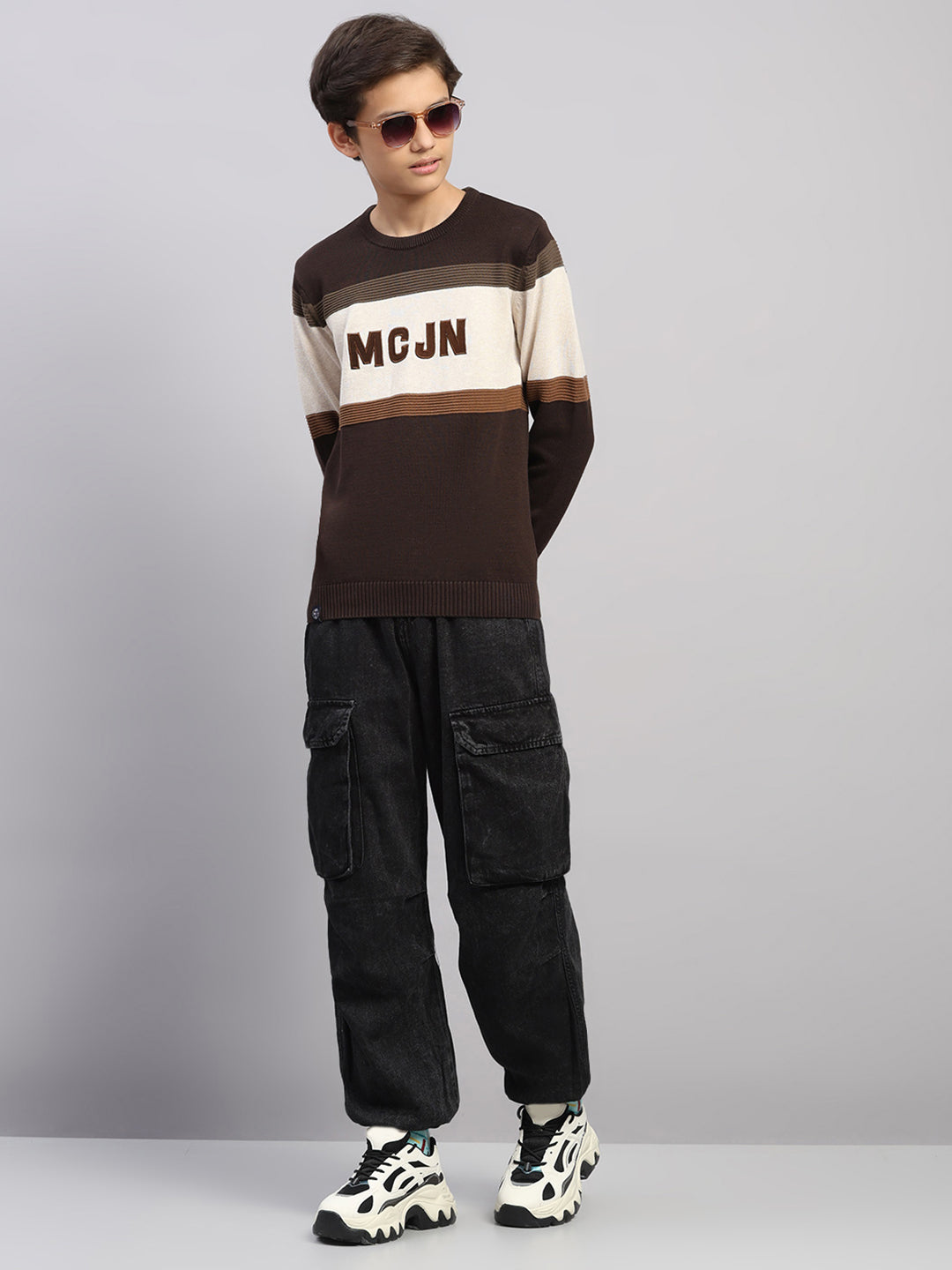 Boys Brown Stripe Round Neck Full Sleeve Pullover