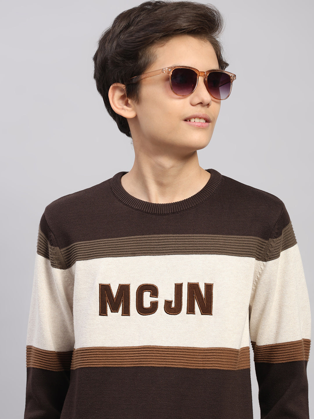 Boys Brown Stripe Round Neck Full Sleeve Pullover