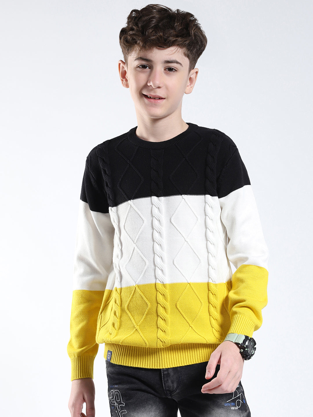 Boys Yellow Stripe Round Neck Full Sleeve Pullover