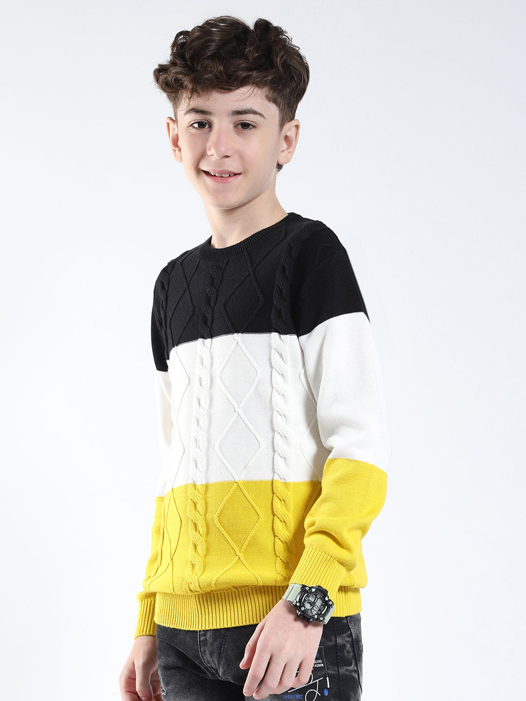 Boys Yellow Stripe Round Neck Full Sleeve Pullover