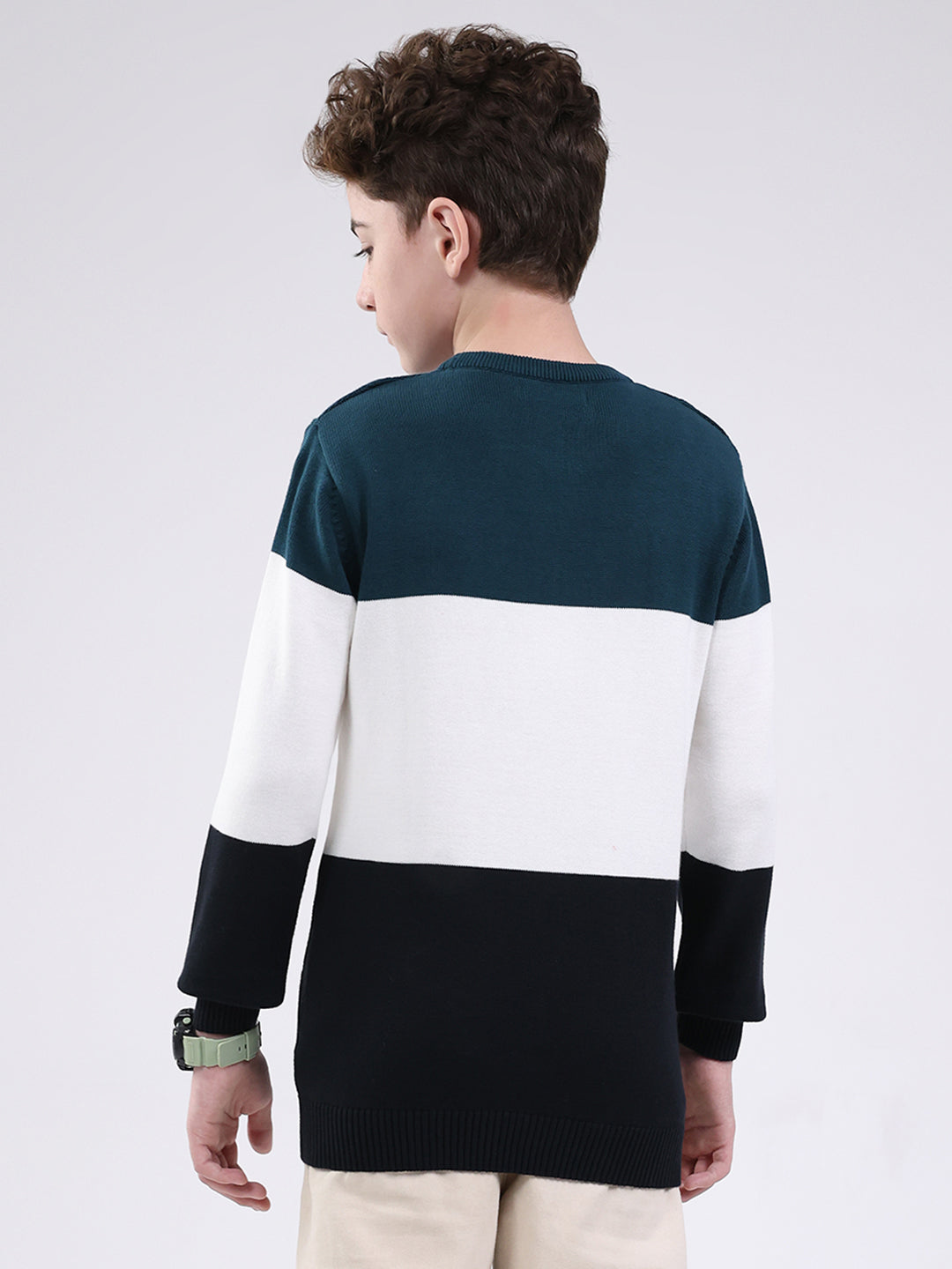 Boys Teal Blue Self Design Round Neck Full Sleeve Pullover