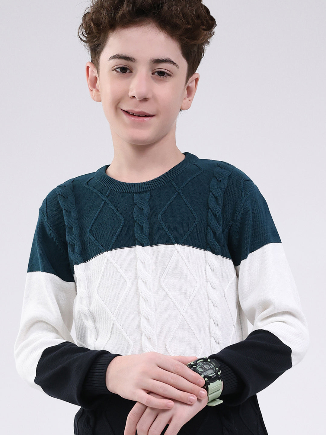 Boys Teal Blue Self Design Round Neck Full Sleeve Pullover