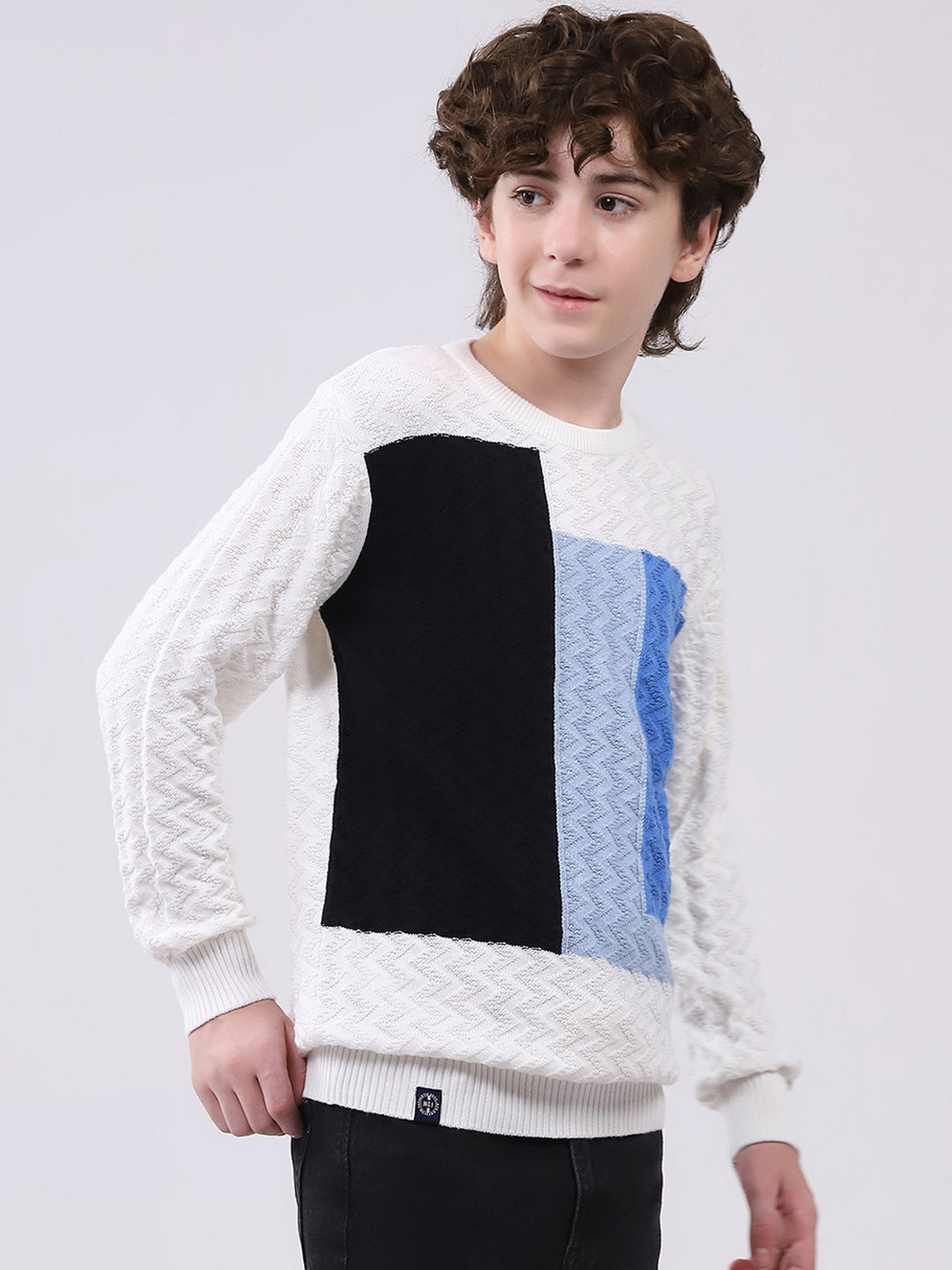Boys Off White Self Design Round Neck Full Sleeve Pullover