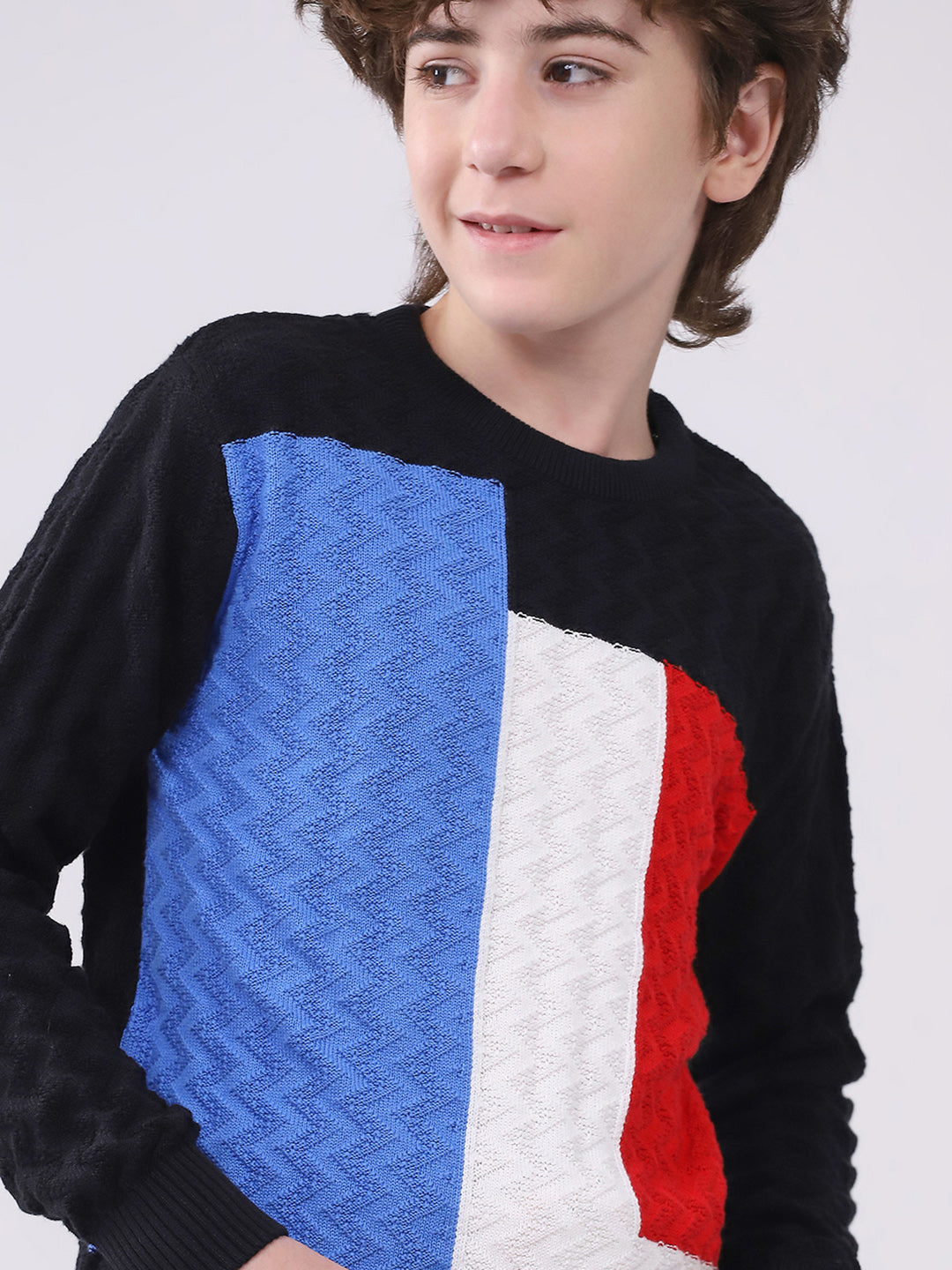 Boys Black Self Design Round Neck Full Sleeve Pullover