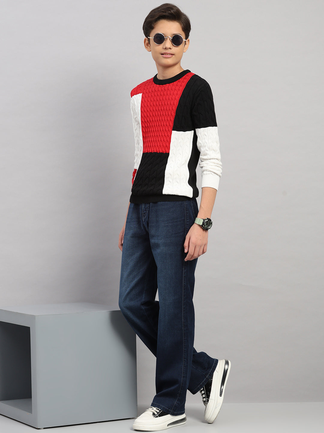 Boys Black Stripe Round Neck Full Sleeve Pullover