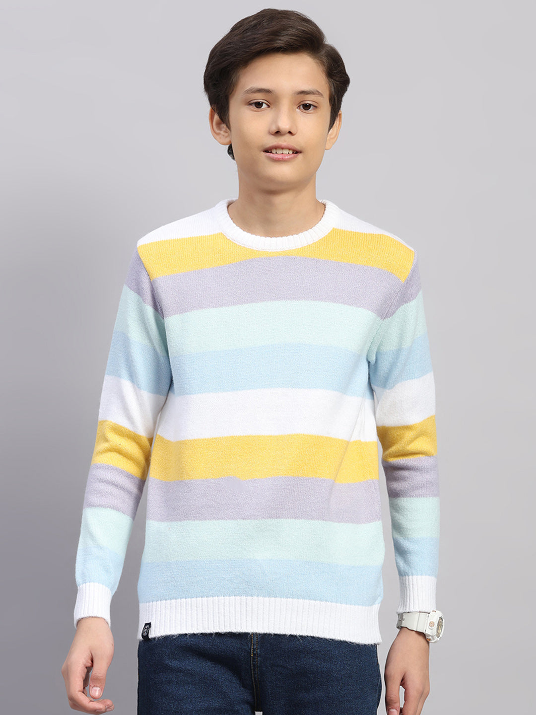 Boys Blue Stripe Round Neck Full Sleeve Pullover