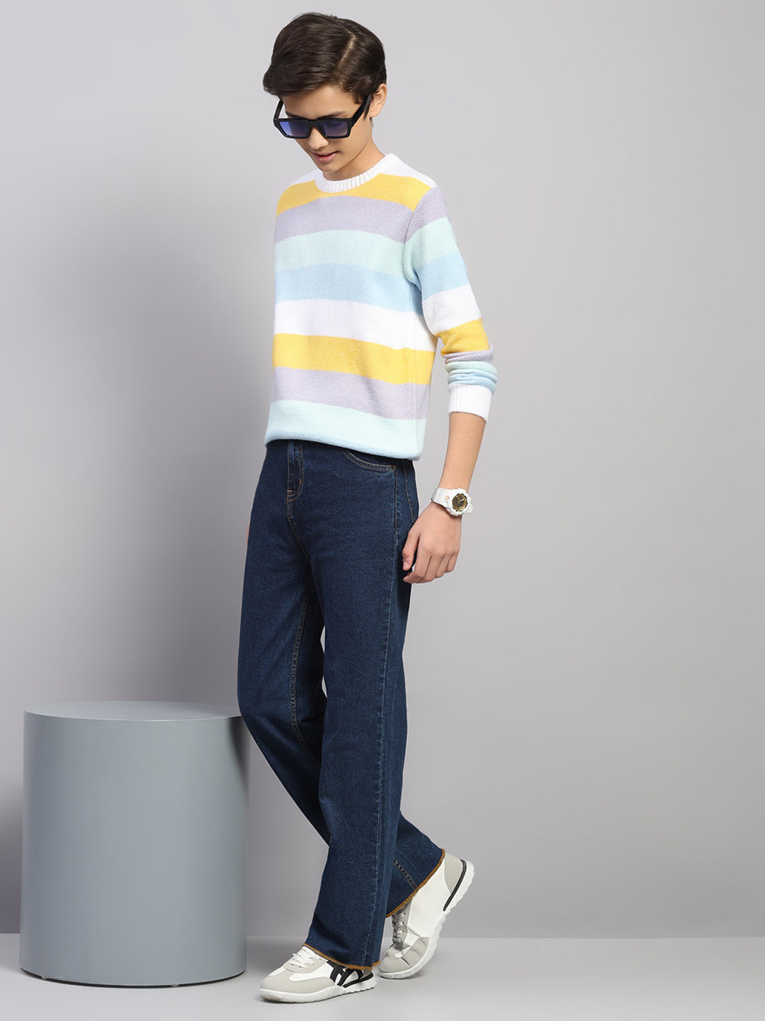 Boys Blue Stripe Round Neck Full Sleeve Pullover