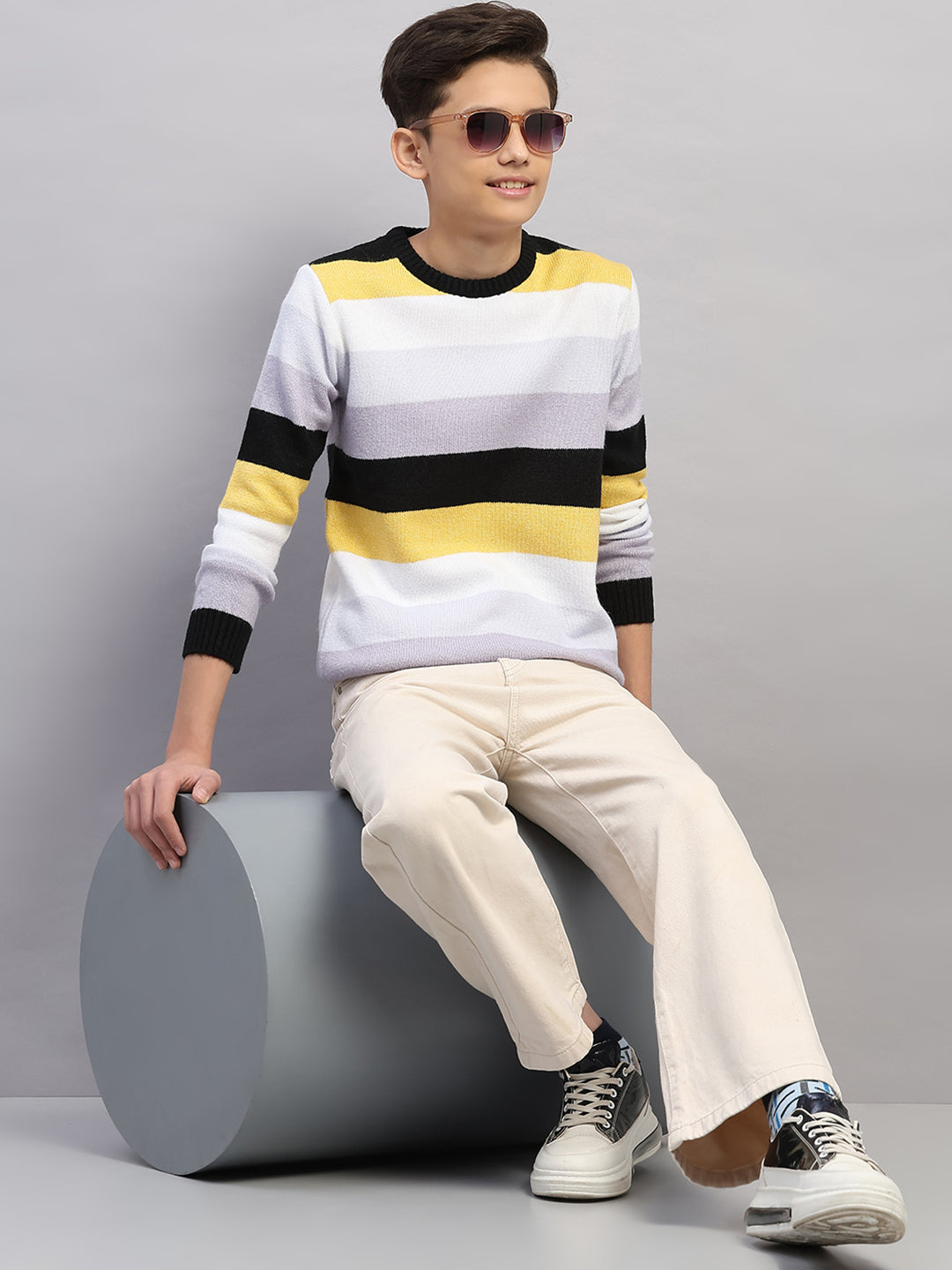 Boys Purple Stripe Round Neck Full Sleeve Pullover