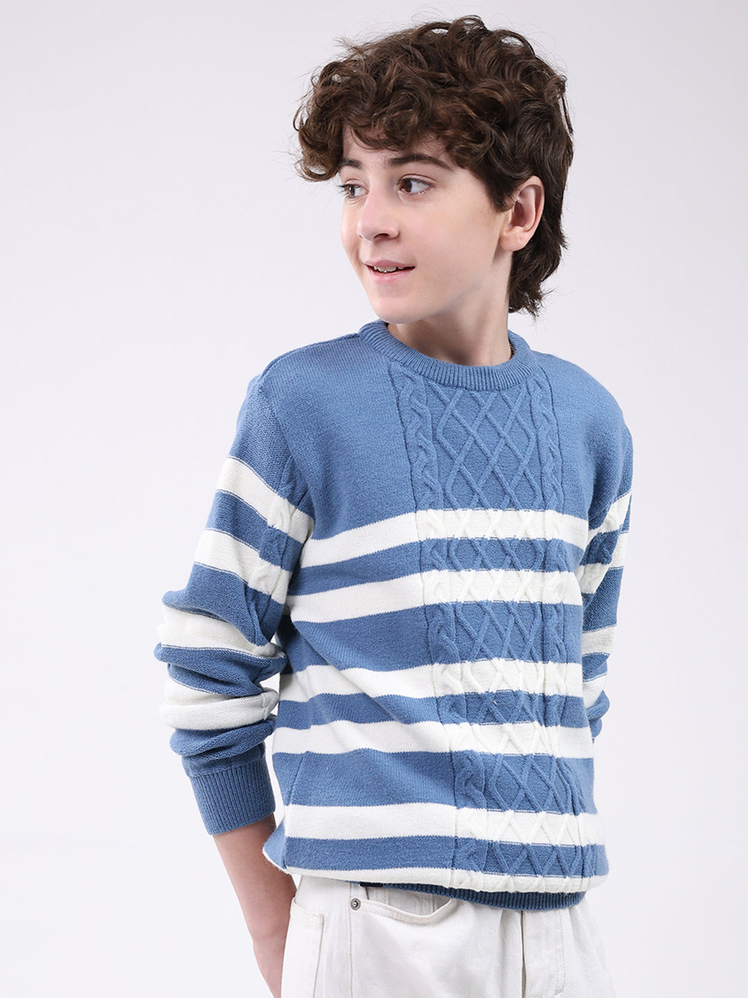 Boys Blue Self Design Round Neck Full Sleeve Pullover