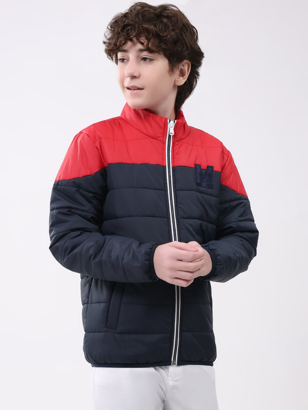 Boys Navy Blue Solid Mock Neck Full Sleeve Boys Jacket
