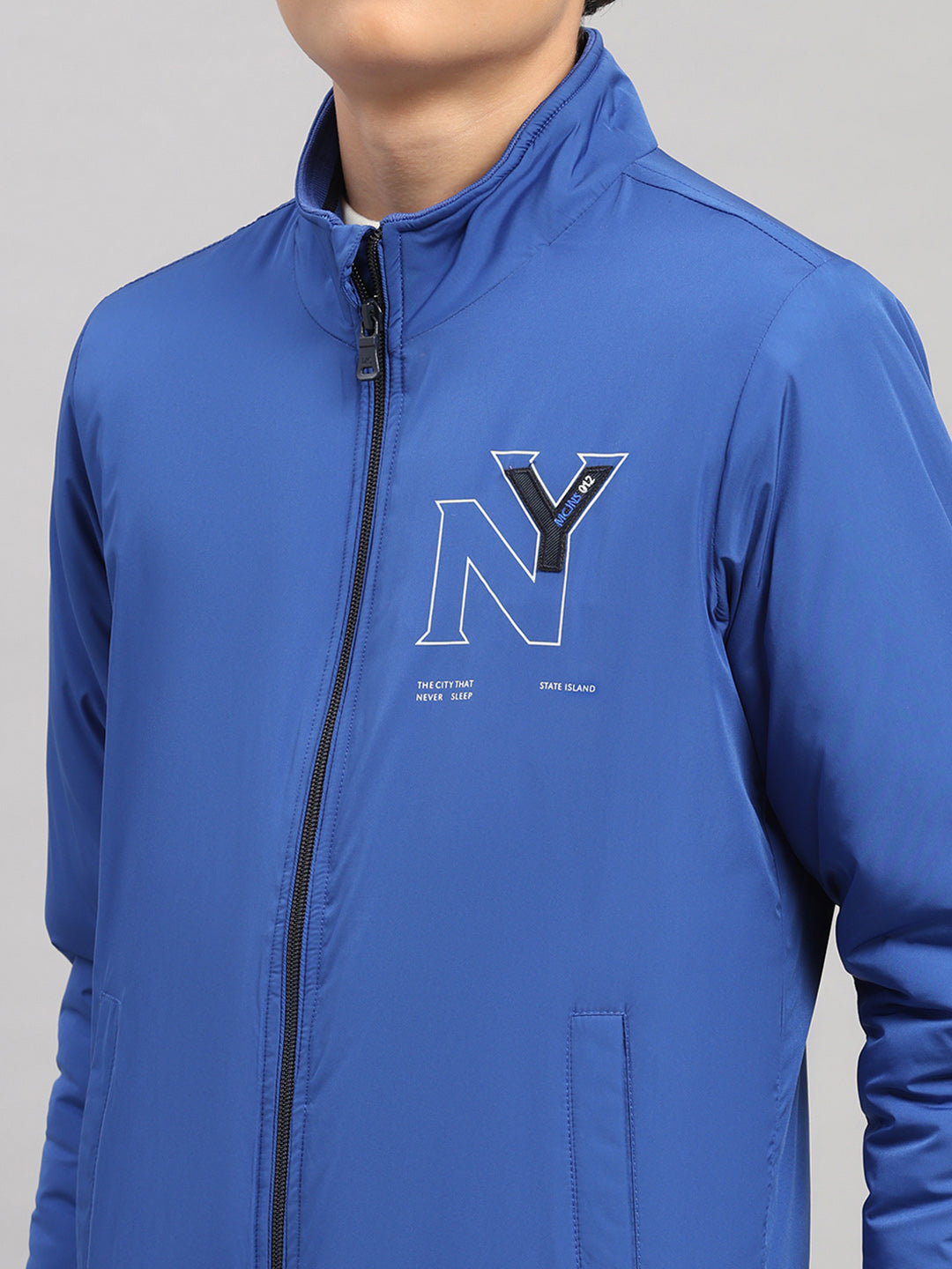 Boys Blue Solid Collar Full Sleeve Jacket