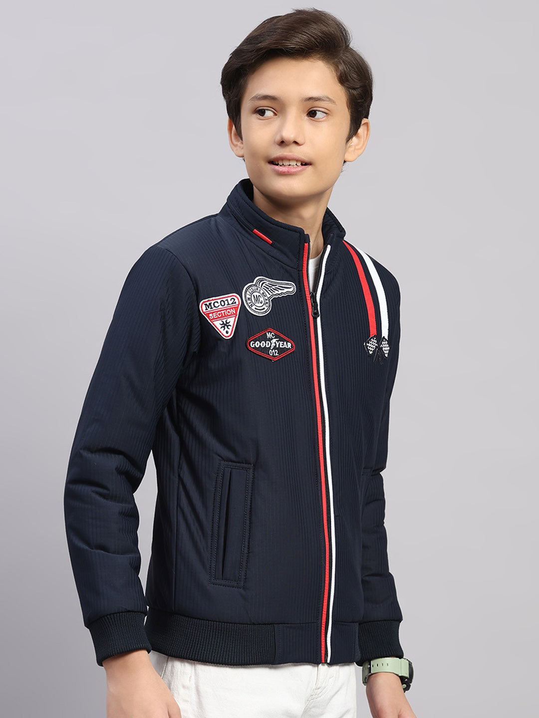 Boys Navy Blue Embroidered Collar Full Sleeve Jacket