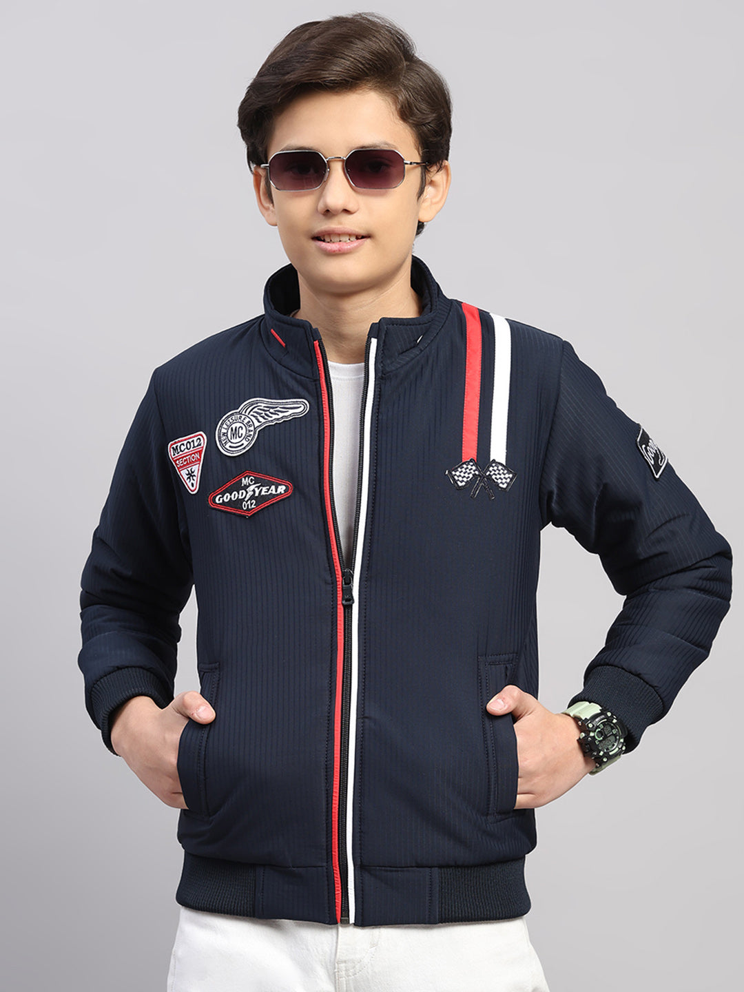 Boys Navy Blue Embroidered Collar Full Sleeve Jacket