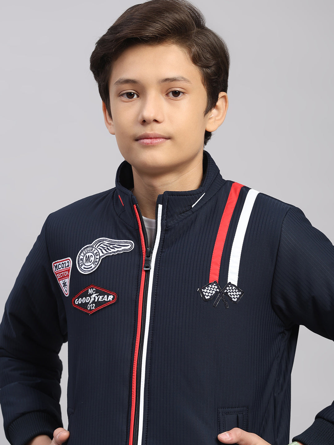 Boys Navy Blue Embroidered Collar Full Sleeve Jacket