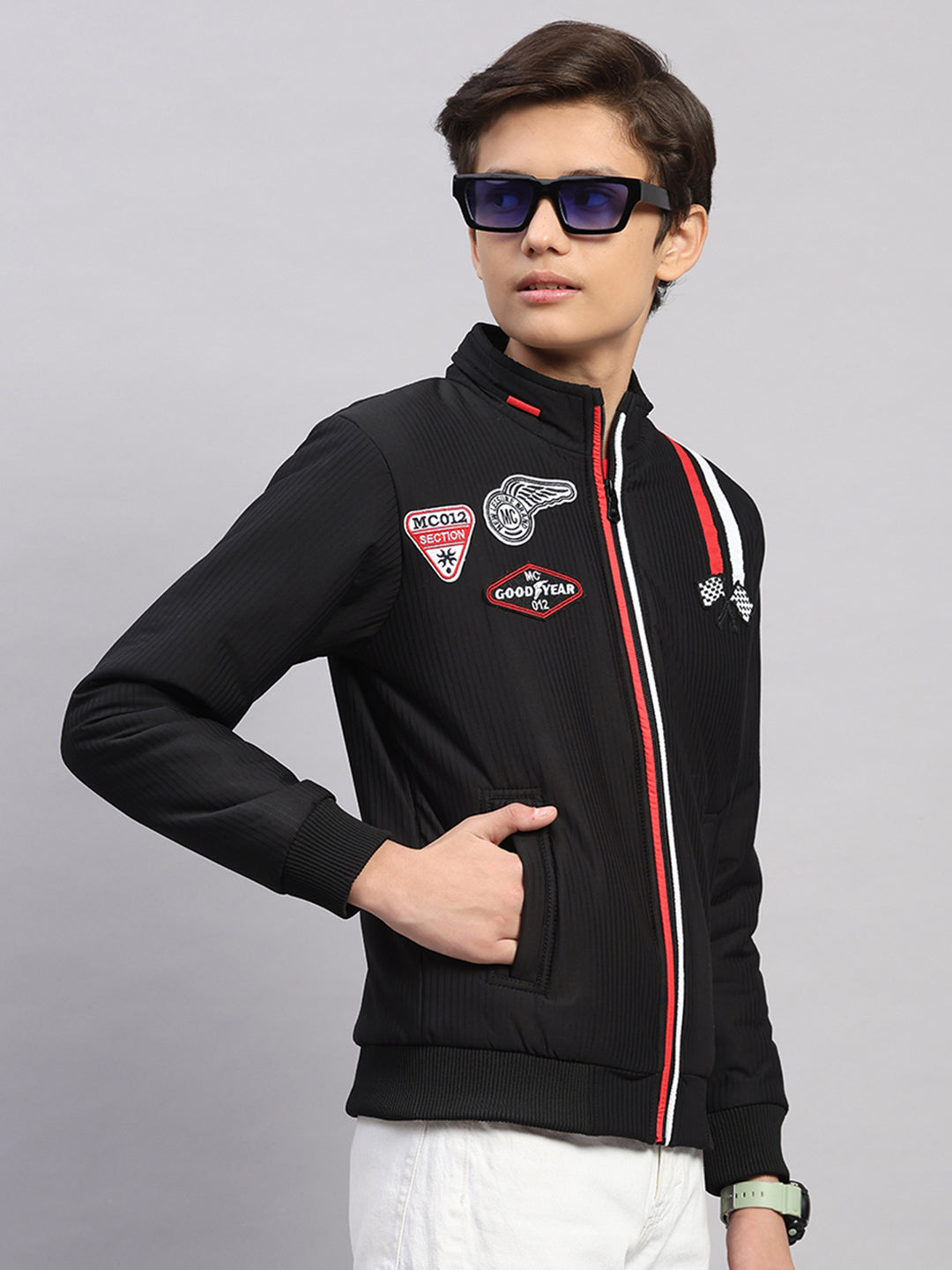 Boys Black Embroidered Collar Full Sleeve Jacket