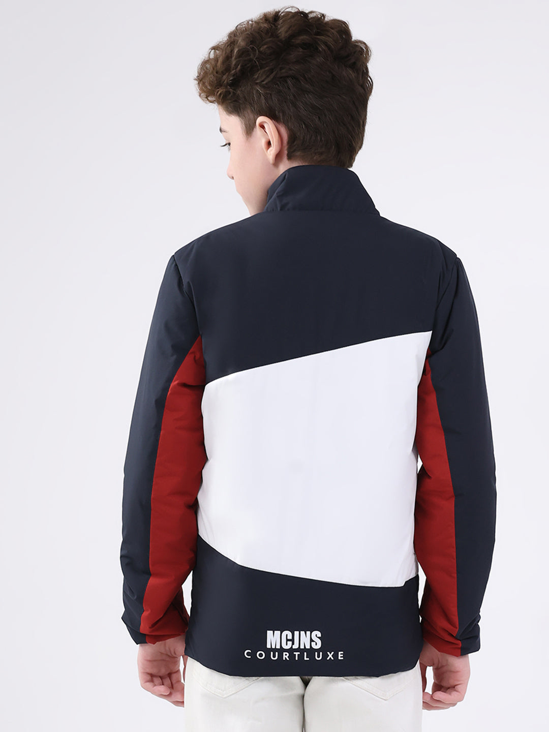 Boys Navy Blue Printed Mock Neck Full Sleeve Jacket