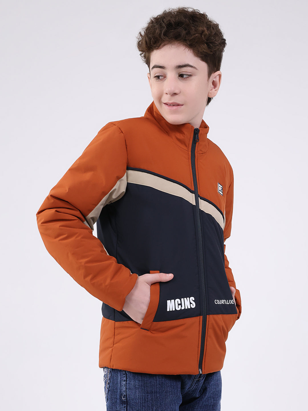 Boys Rust Printed Mock Neck Full Sleeve Jacket