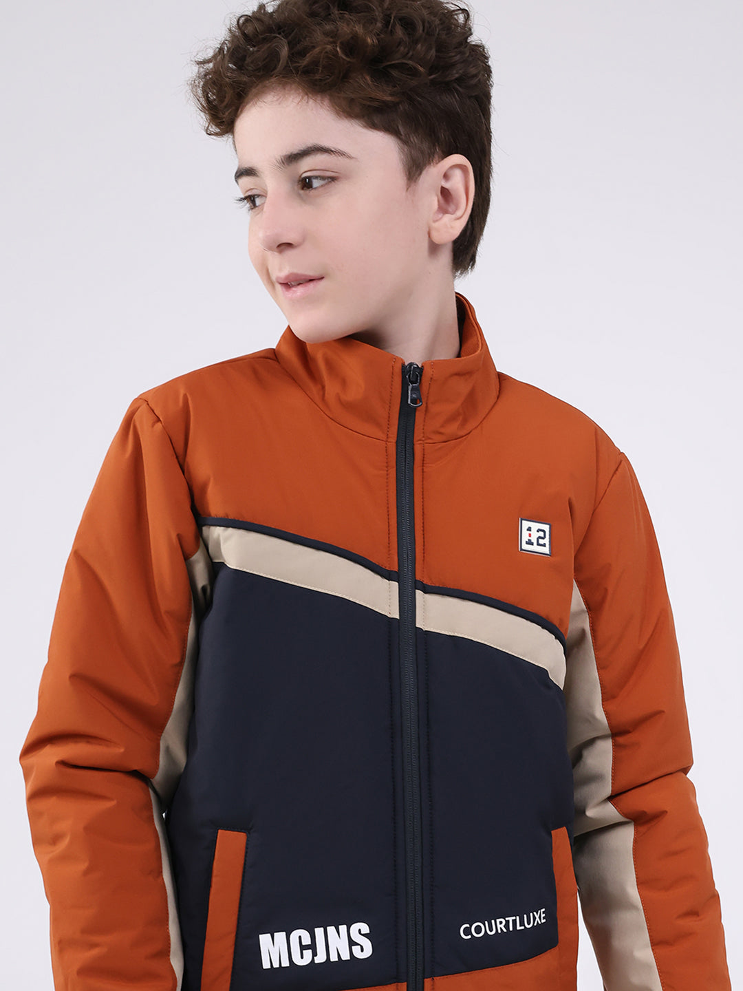 Boys Rust Printed Mock Neck Full Sleeve Jacket