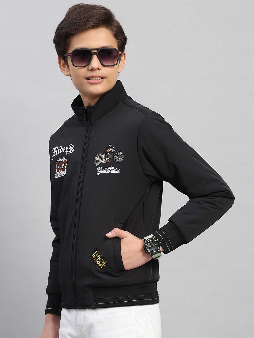 Boys Black Embroidered Collar Full Sleeve Jacket
