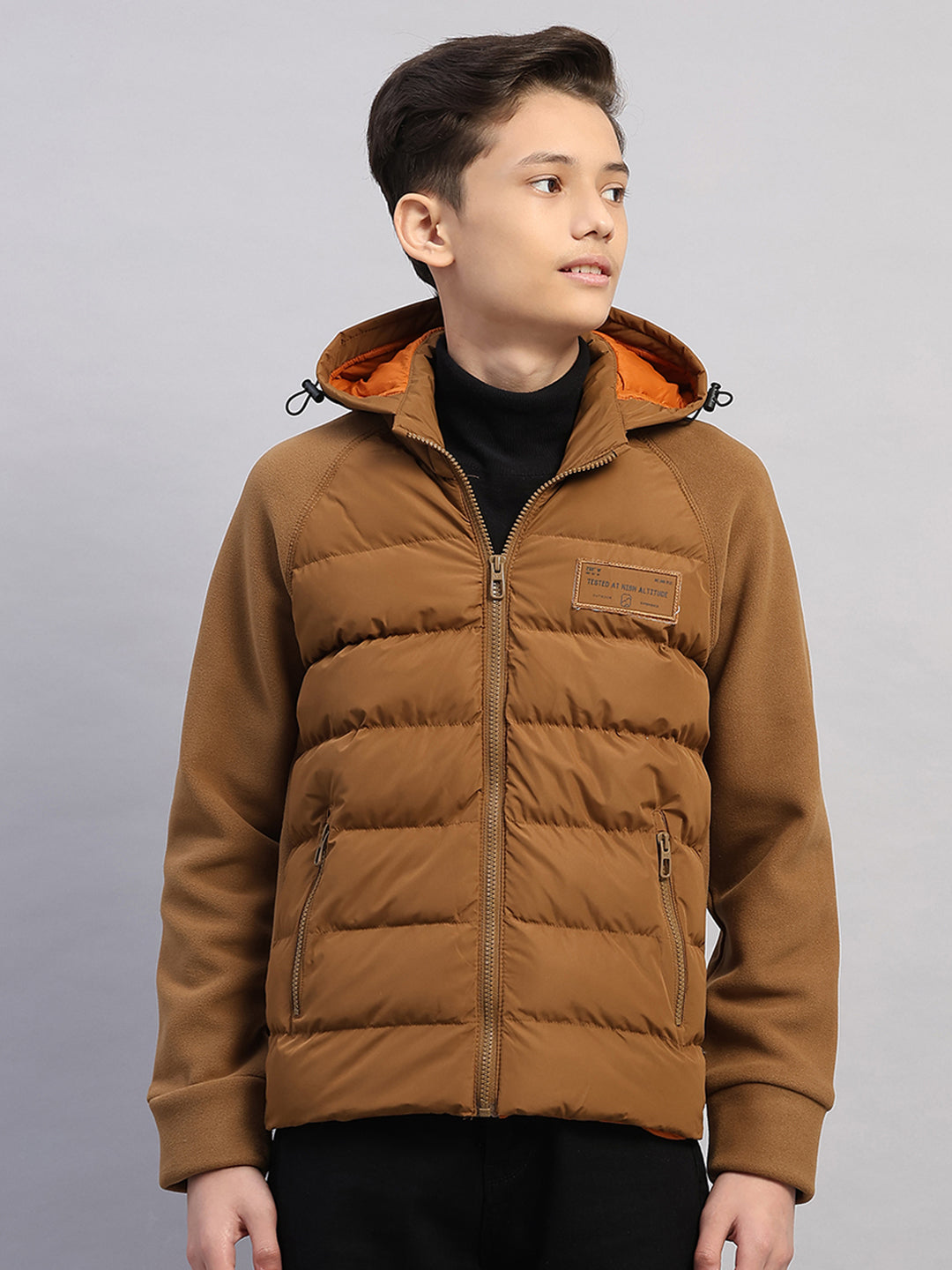 Boys Brown Solid Hooded Full Sleeve Jacket