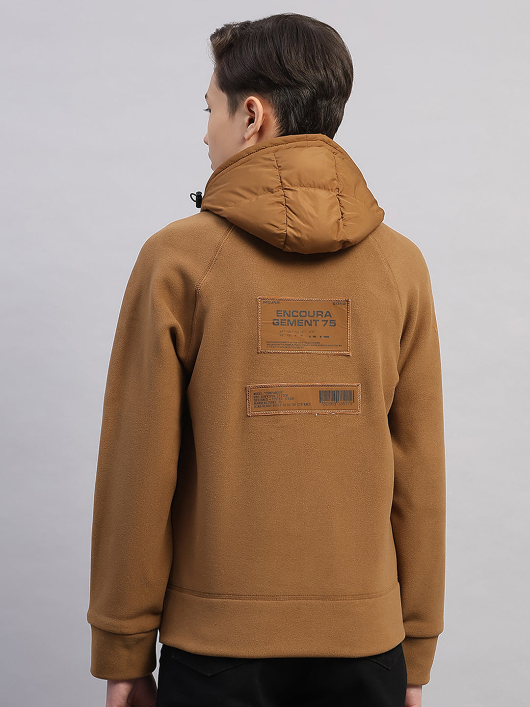 Boys Brown Solid Hooded Full Sleeve Jacket