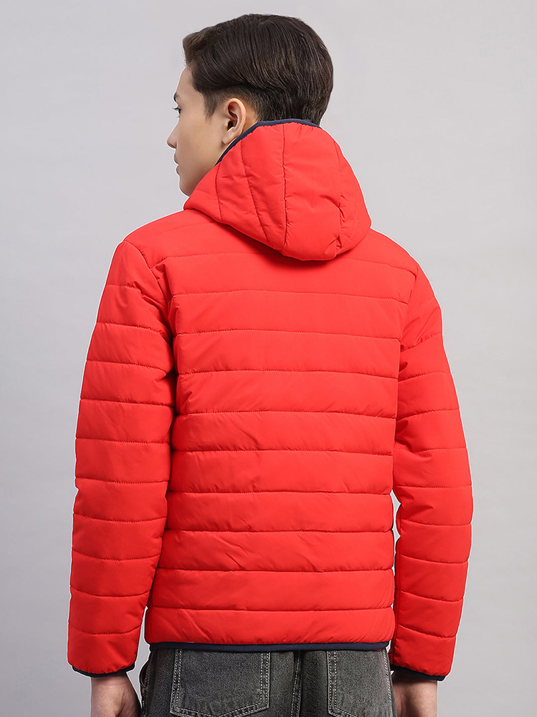 Boys Red Printed Hooded Full Sleeve Jacket