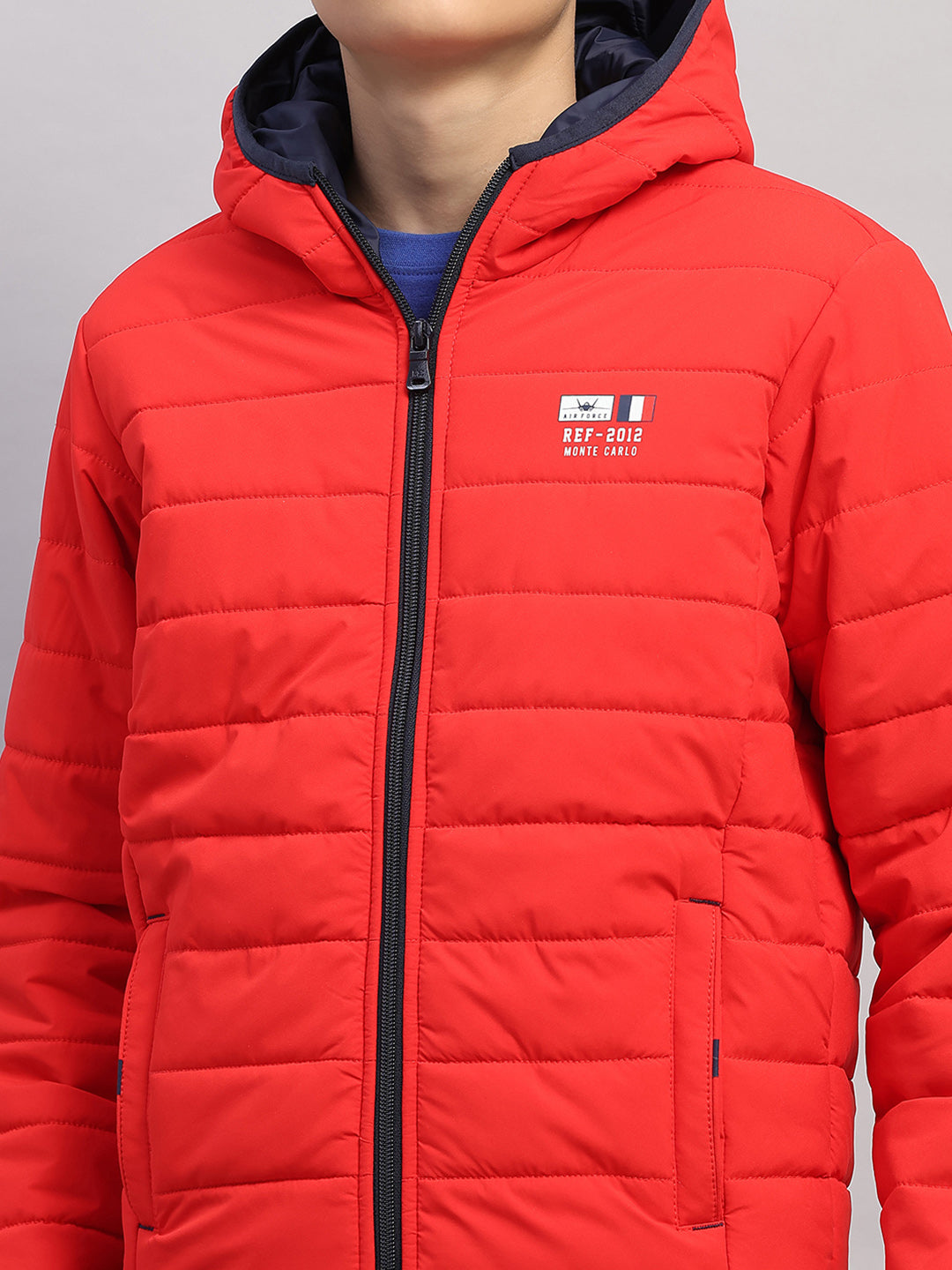 Boys Red Printed Hooded Full Sleeve Jacket