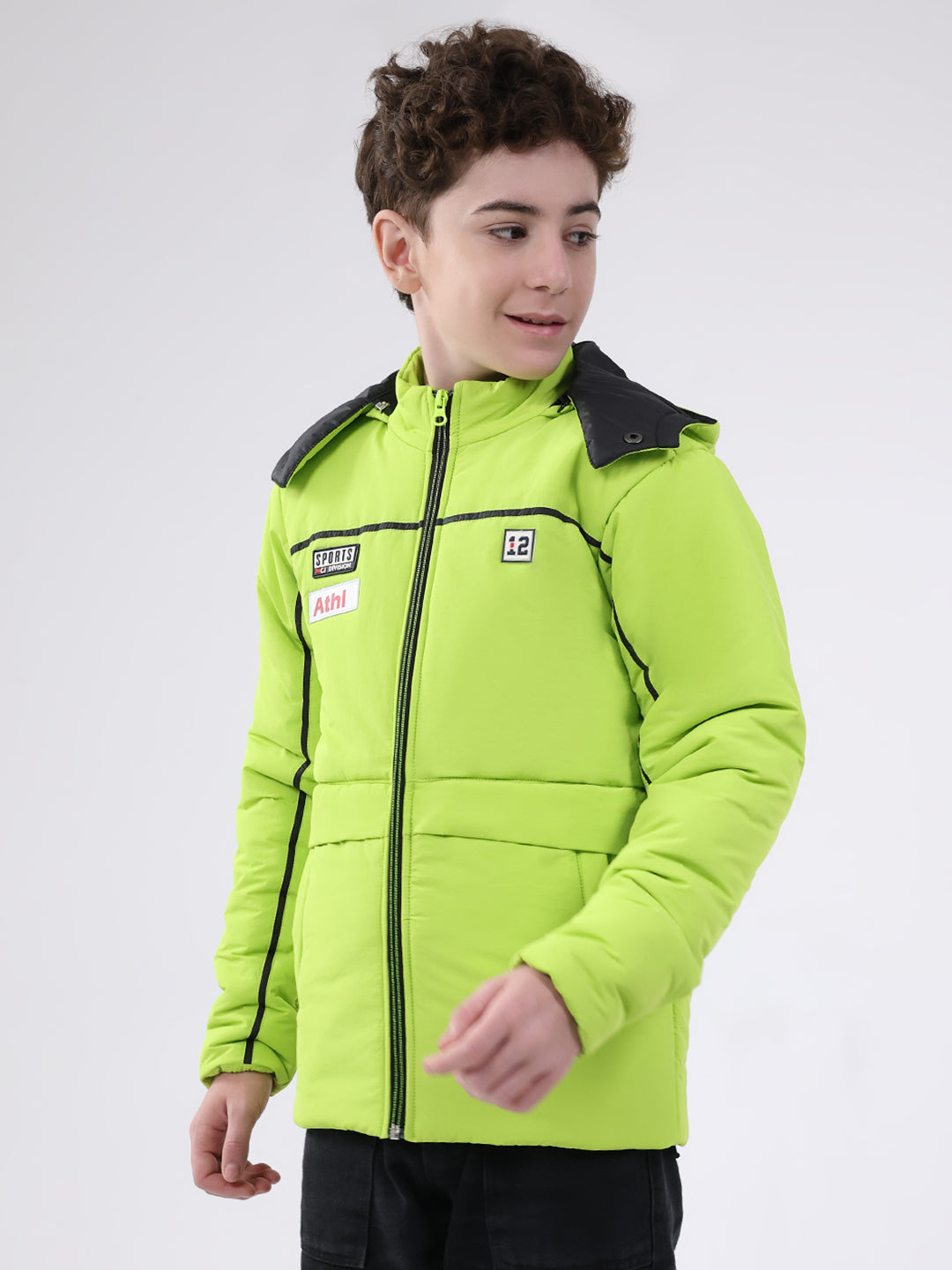 Boys Green Solid Hooded Full Sleeve Jacket