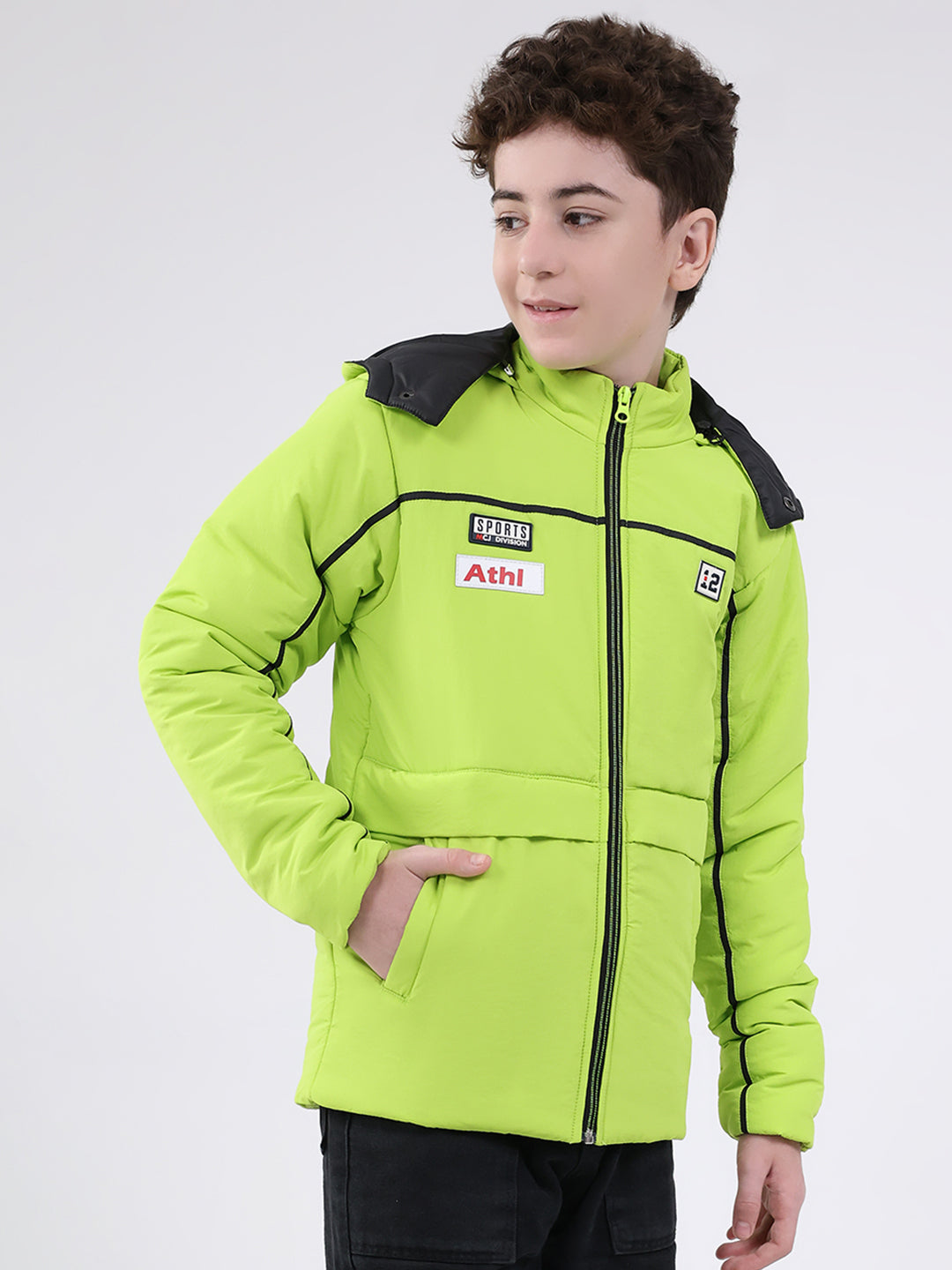 Boys Green Solid Hooded Full Sleeve Jacket